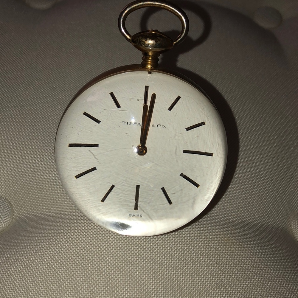 TIFFANY & CO. “LUCITE CRYSTAL BALL TABLE CLOCK. MADE IN SWITZERLAND.